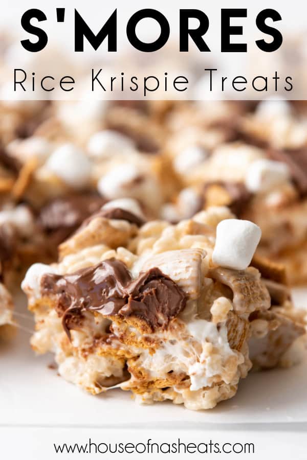 A s'mores rice krispie treat with text overlay.