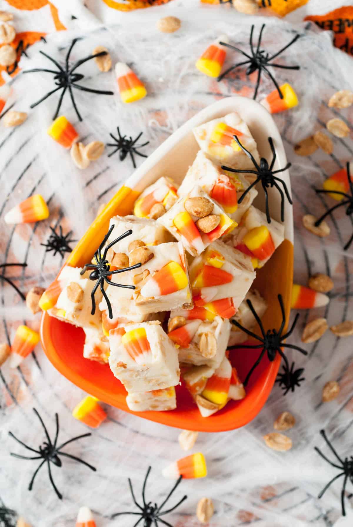 A Halloween plate filled with squares of candy corn fudge with black plastic spiders around it.