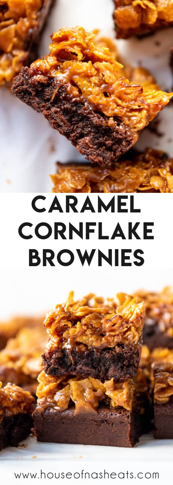 A collage of images of caramel cornflake brownies with text overlay.