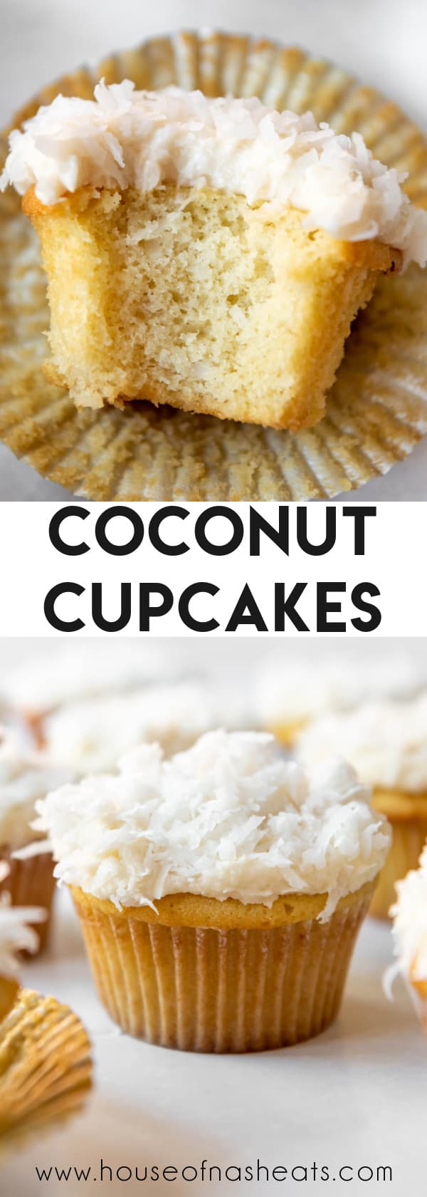 A collage of images of homemade coconut cupcakes with text overlay.