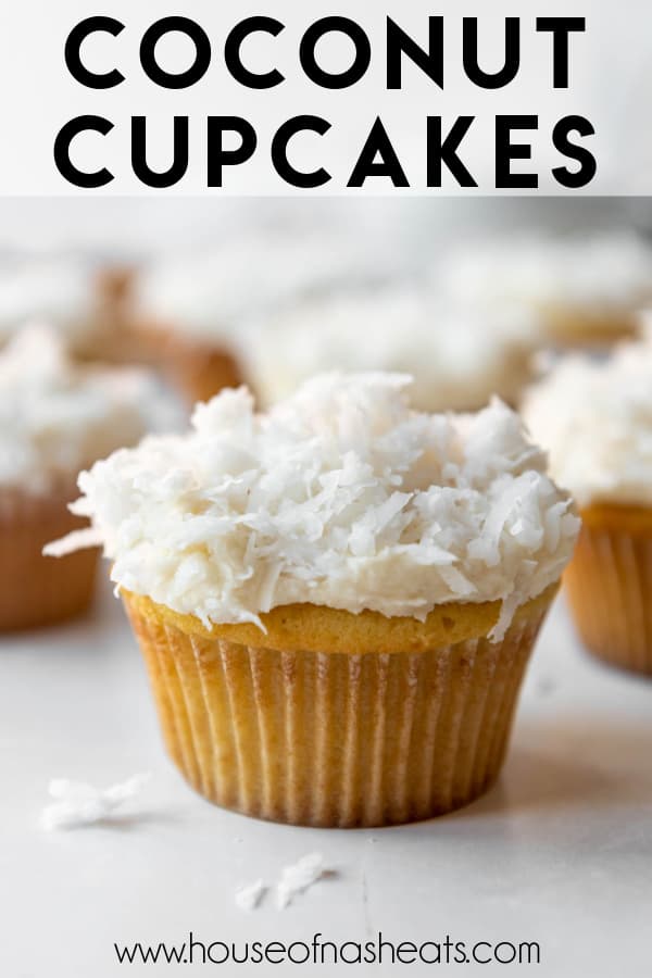 A coconut cupcake with text overlay.