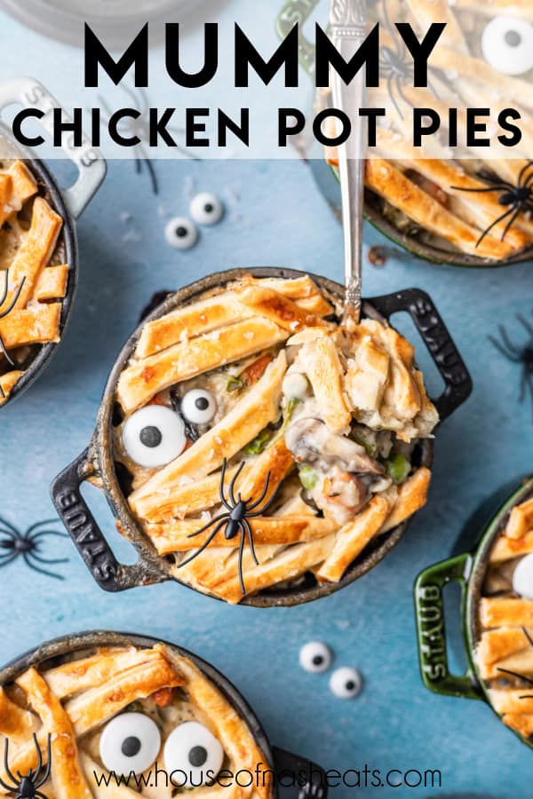 A spoon lifting a scoop of chicken pot pie over individual pot pies made in ramekins with text overlay.