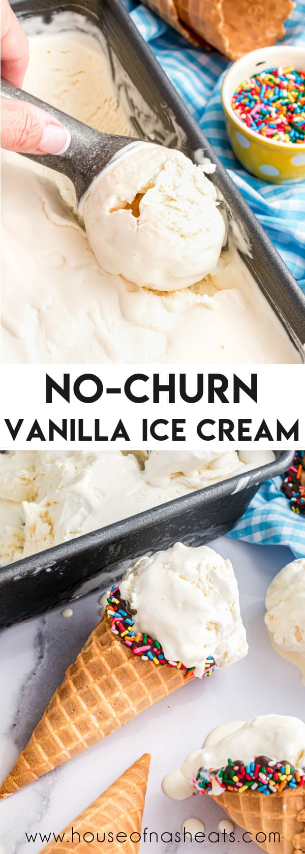 A collage of images of no churn vanilla ice cream with text overlay.