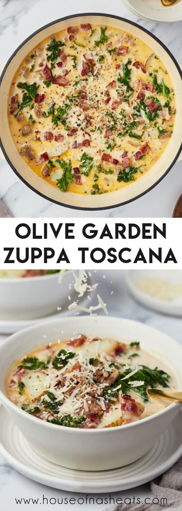 A collage of images of zuppa toscana with text overlay.