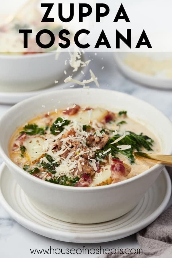 A bowl of zuppa toscana with text overlay.