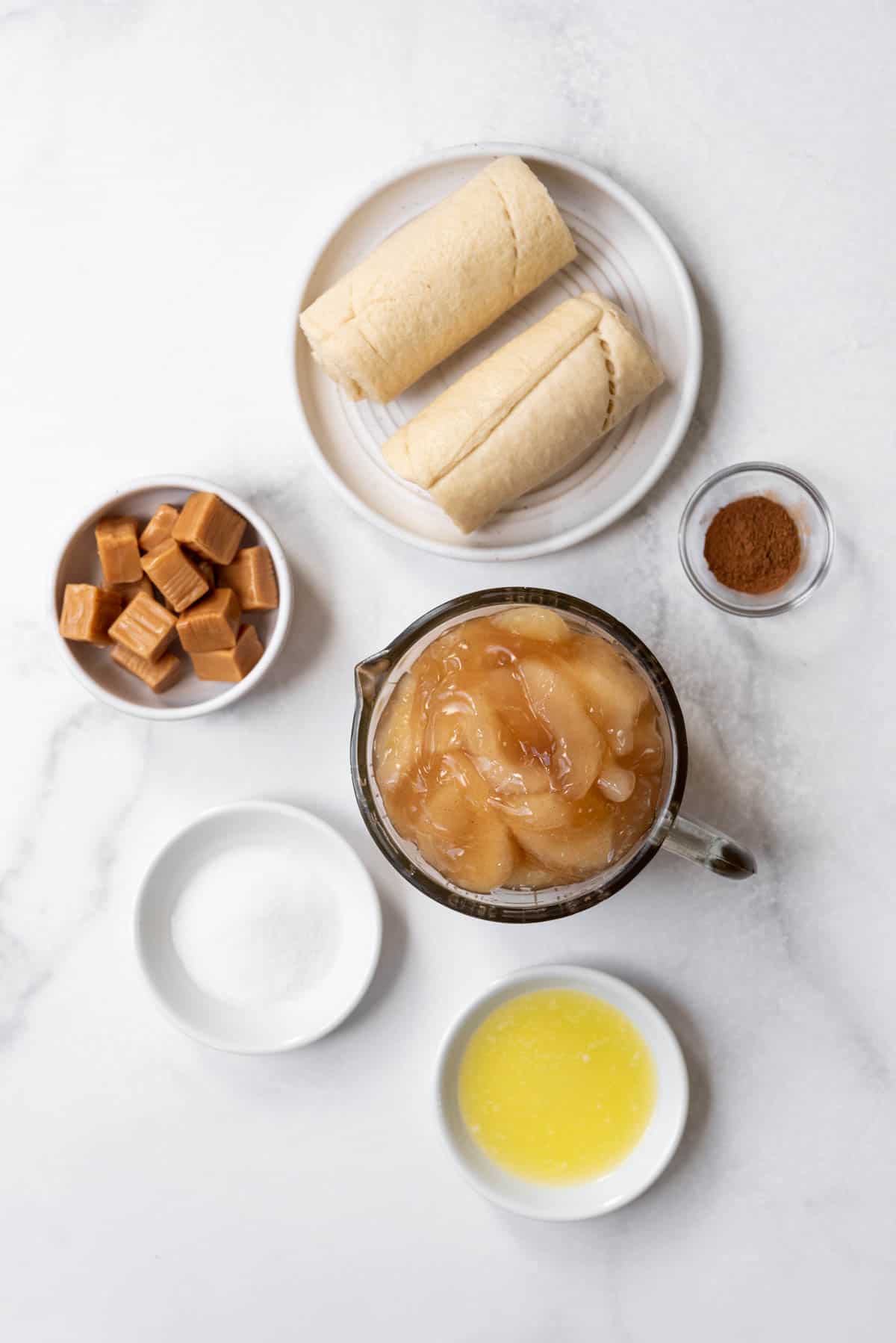 Ingredients for caramel apple pie crescent rolls.