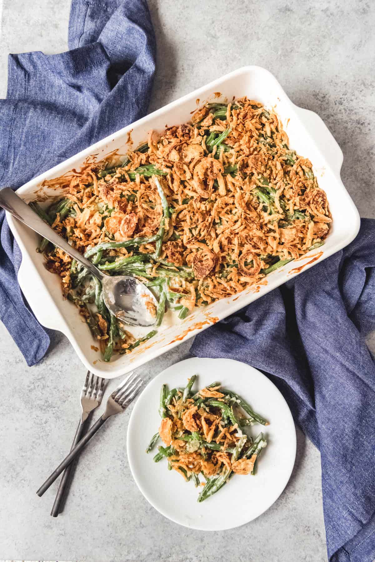 An image of a baking dish of fresh green bean casserole made without any canned ingredients.