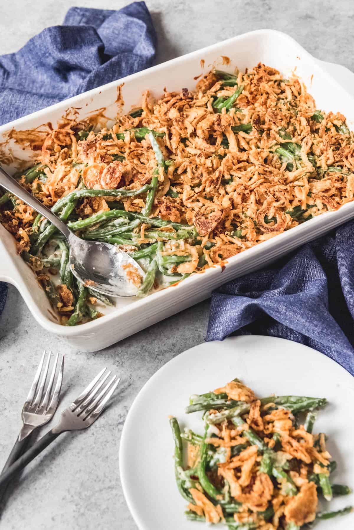 An image of a traditional Thanksgiving side dish, Campbell's green bean casserole, except made without any canned ingredients.