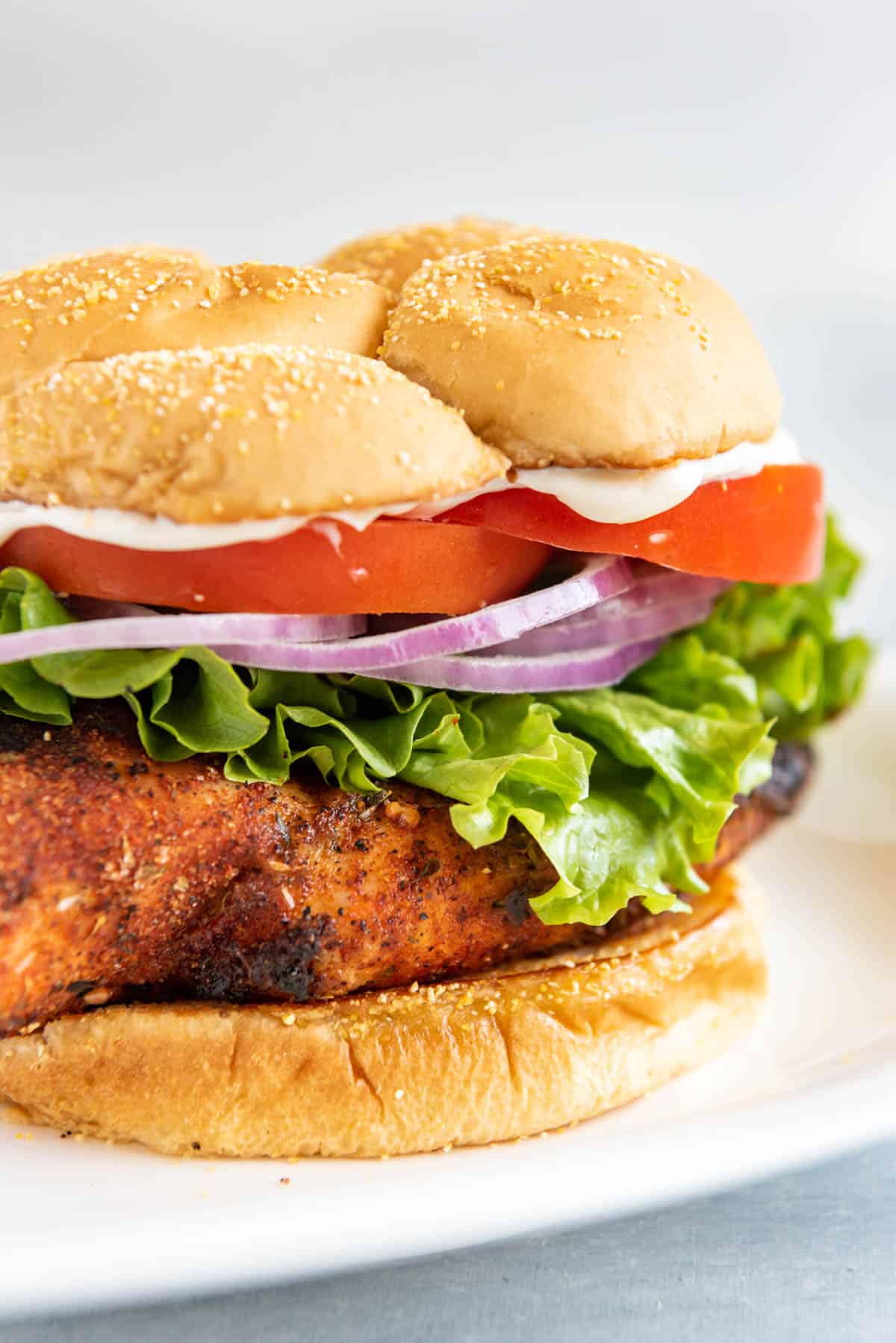 Grilled Cajun Chicken Sandwich with lettuce, tomatoes, onion and sauce.
