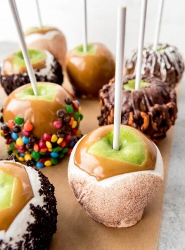 An image of many different types of caramel apple flavor combinations.