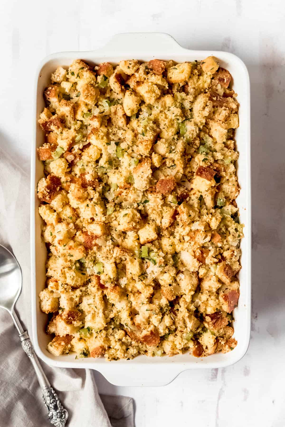 An image of a large baking dish of cornbread stuffing.