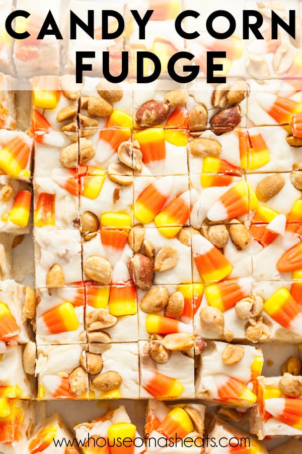 A batch of sliced candy corn fudge with text overlay.