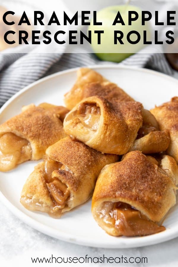Caramel apple pie crescent rolls on a plate with text overlay.
