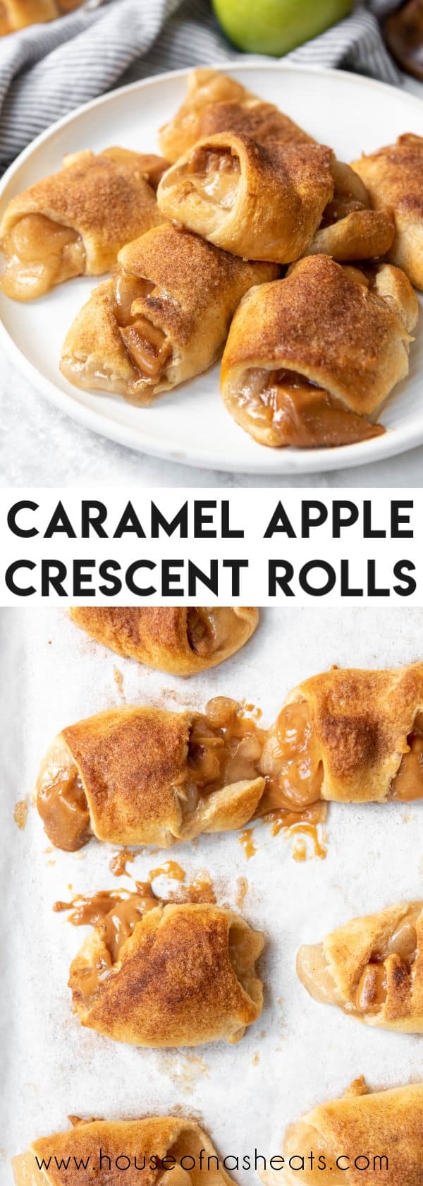 A collage of images of caramel apple pie crescent rolls with text overlay.