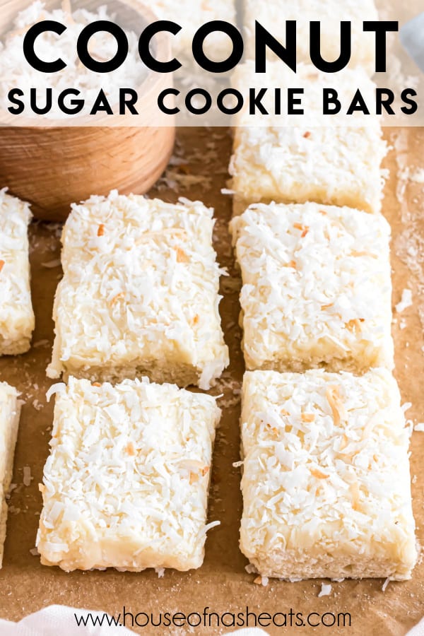 Coconut sugar cookie bars in rows with text overlay.