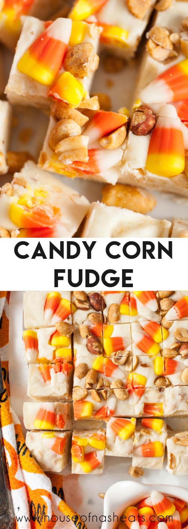 A collage of images of candy corn fudge with text overlay.