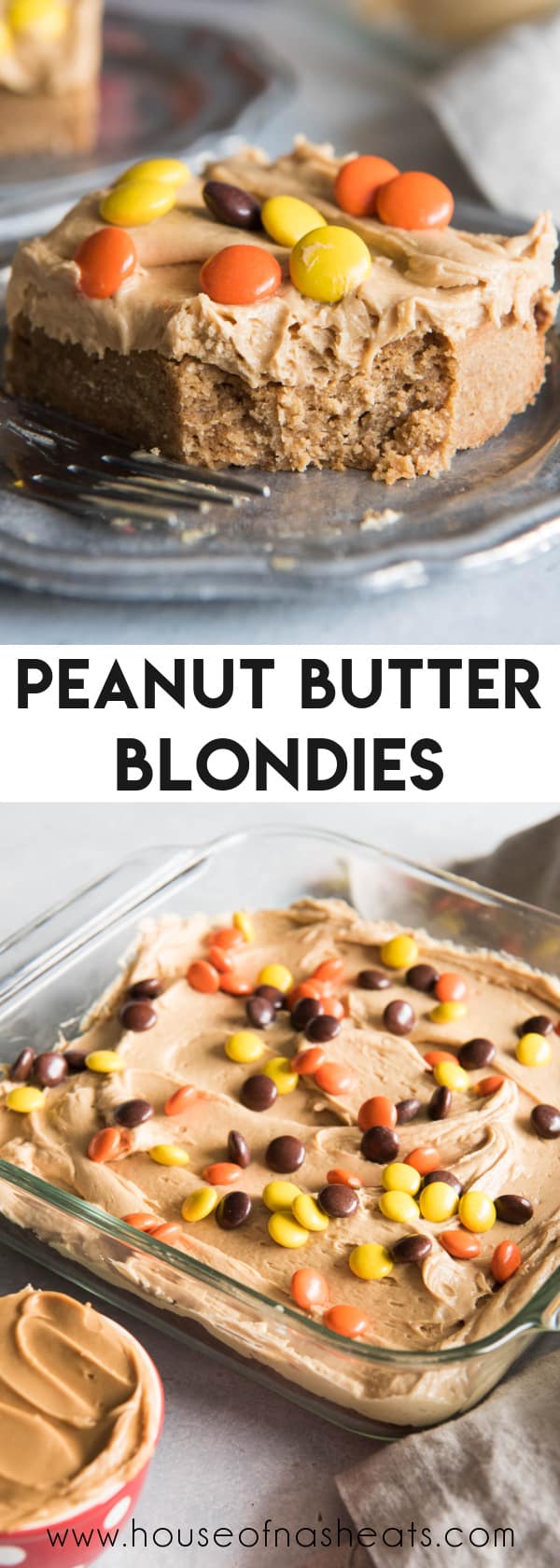A collage of images of frosted peanut butter blondies with text overlay.