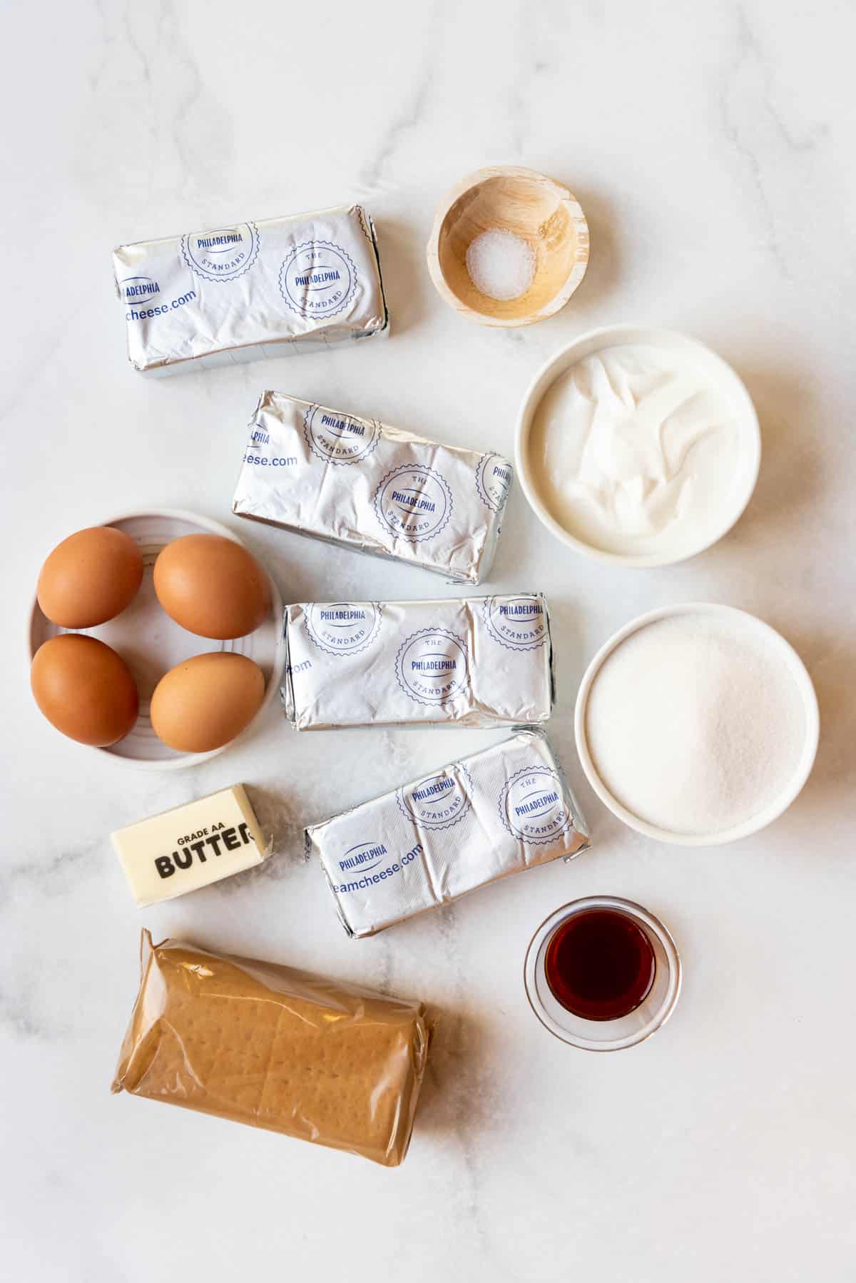 Top view of ingredients needed to make the BEST cheesecake recipe. 