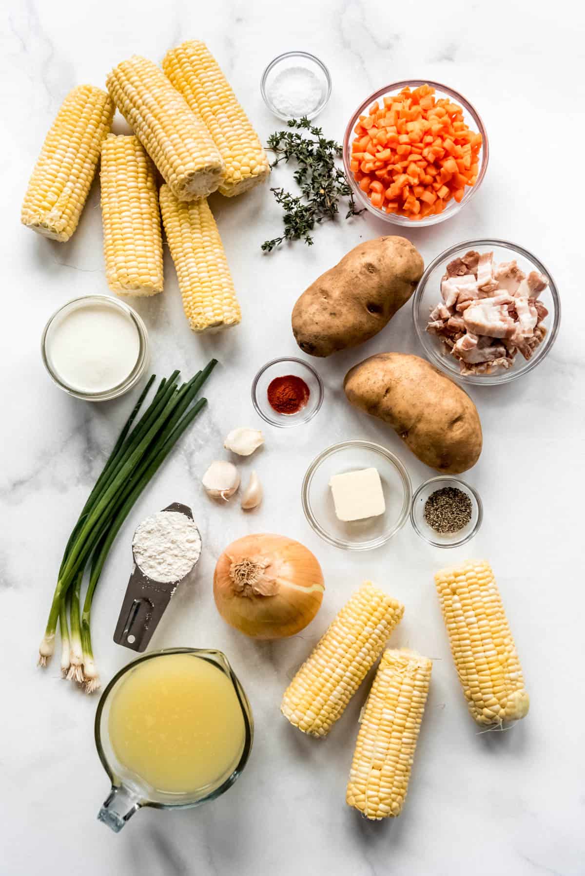 Ingredients for corn chowder laid out.