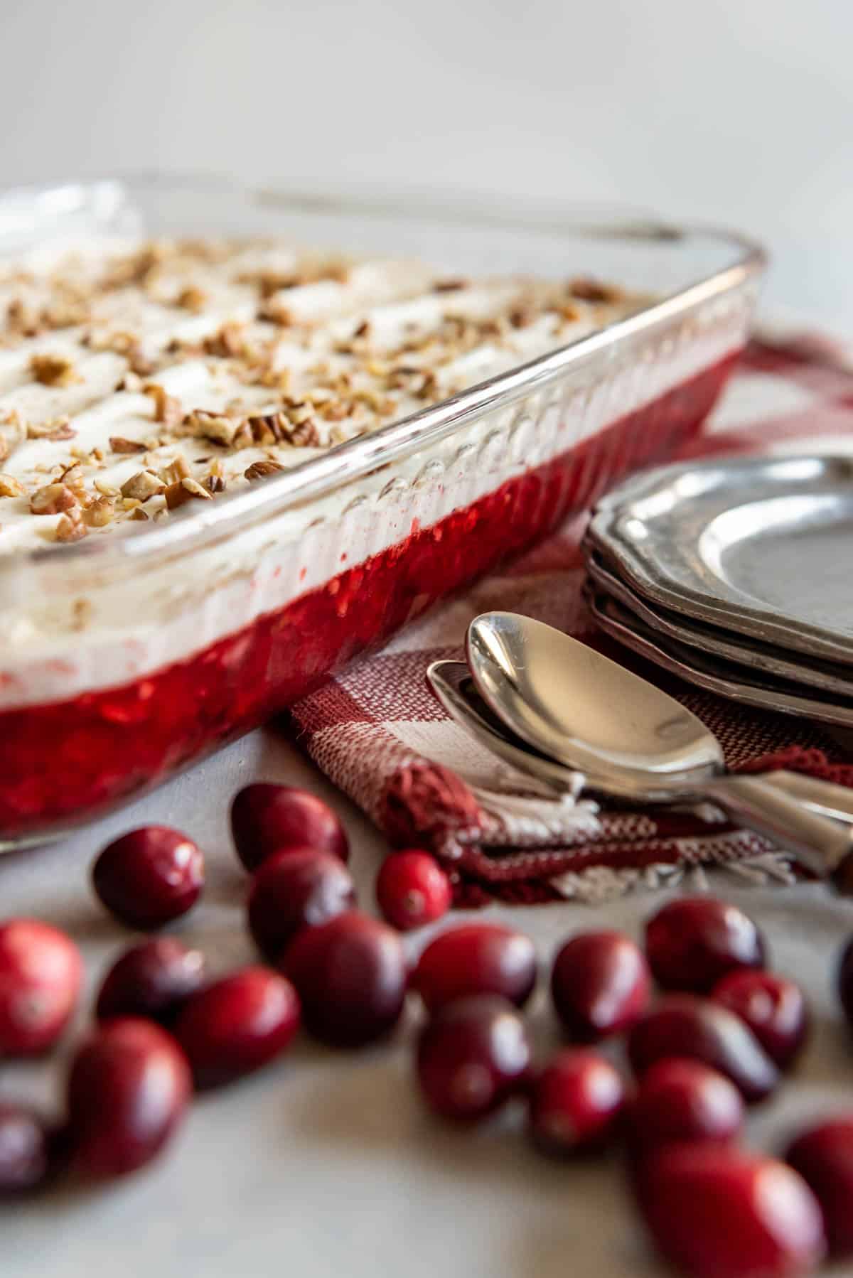 Fresh cranberries and cranberry jello salad topped with cream and nuts.