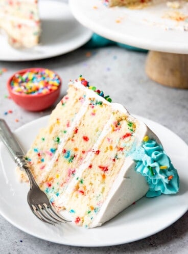 An image of a slice of homemade funfetti cake on a plate with a fork.