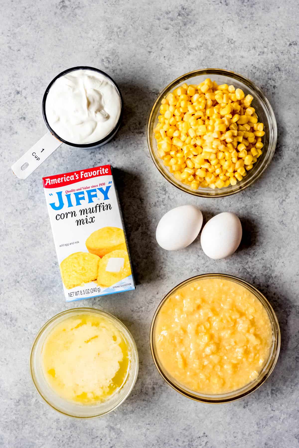 An image of the ingredients for making Jiffy corn casserole.