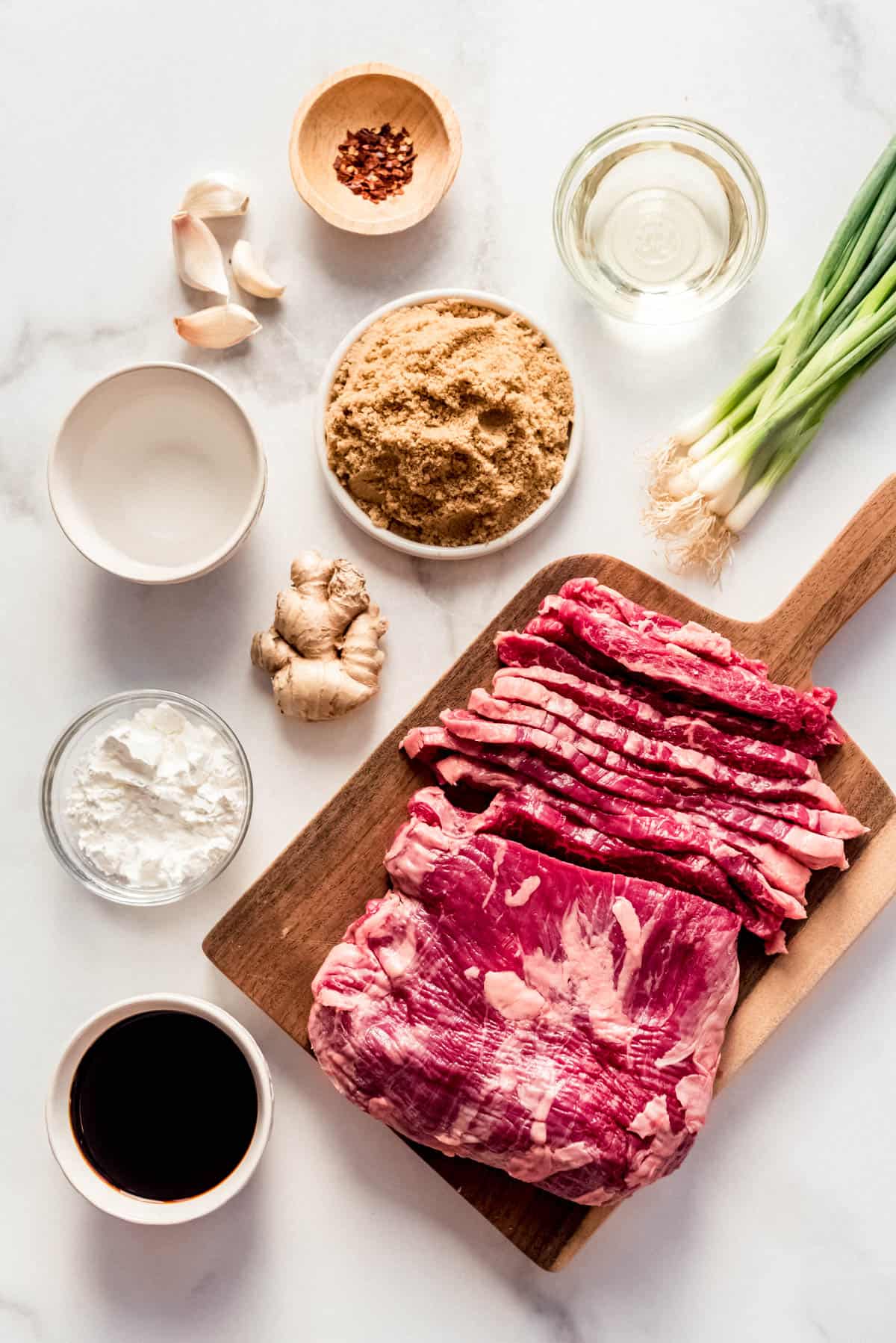 An image showing ingredients needed to make Mongolian Beef.
