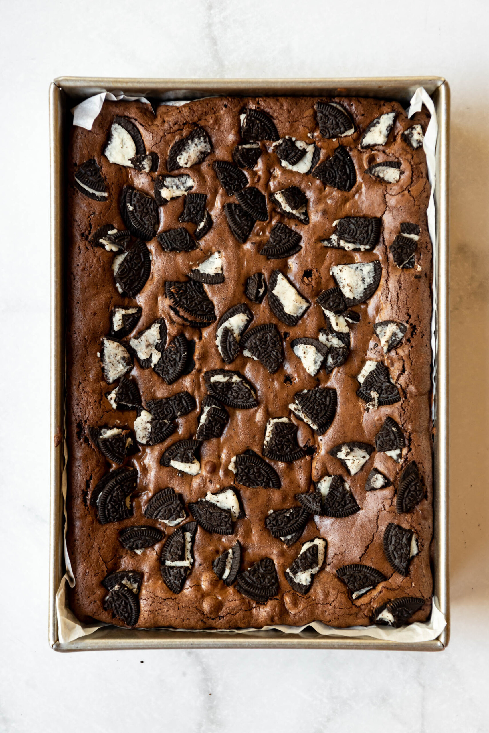 Baked Oreo brownies in a 9x13-inch pan.