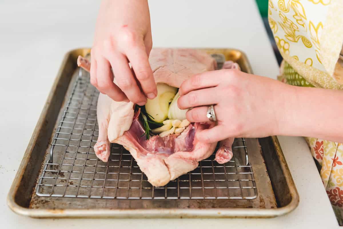 An image of hands stuffing a whole duck with aromatic herbs, onions, and apples for roasting in the oven.
