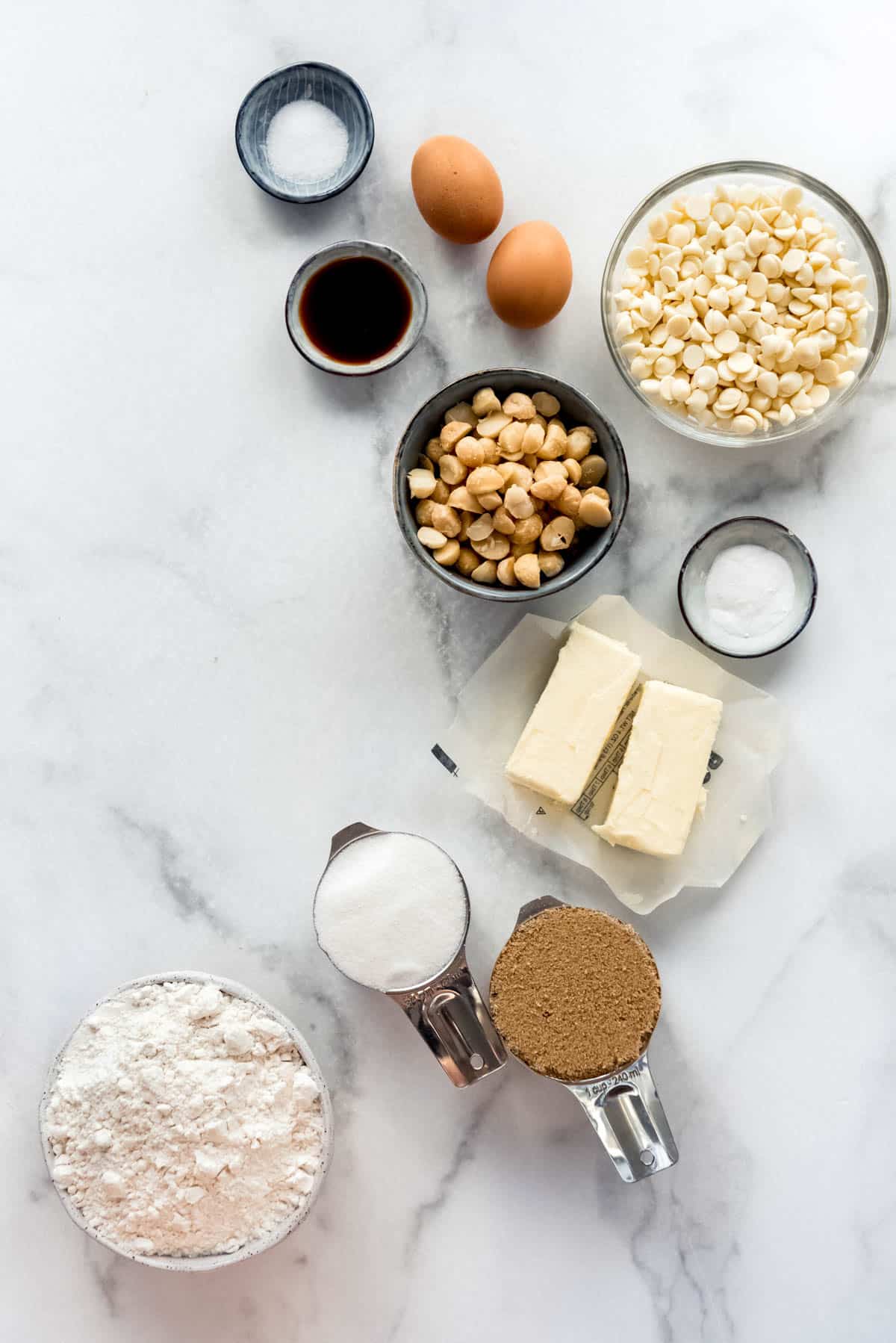 Ingredients for White Chocolate Macadamia Nut Cookies.