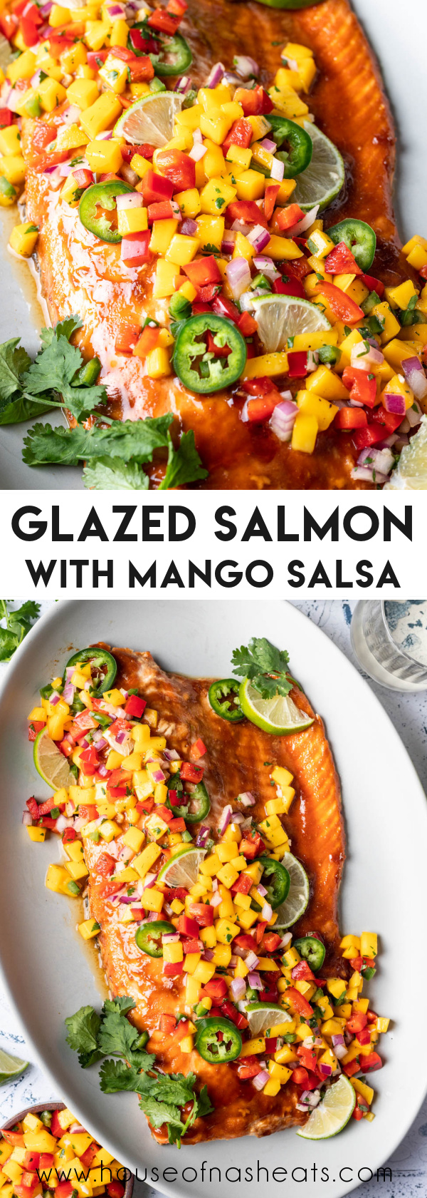 A collage of salmon and mango salsa images with text overlay.
