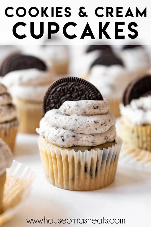 Cookies and cream cupcakes with text overlay.