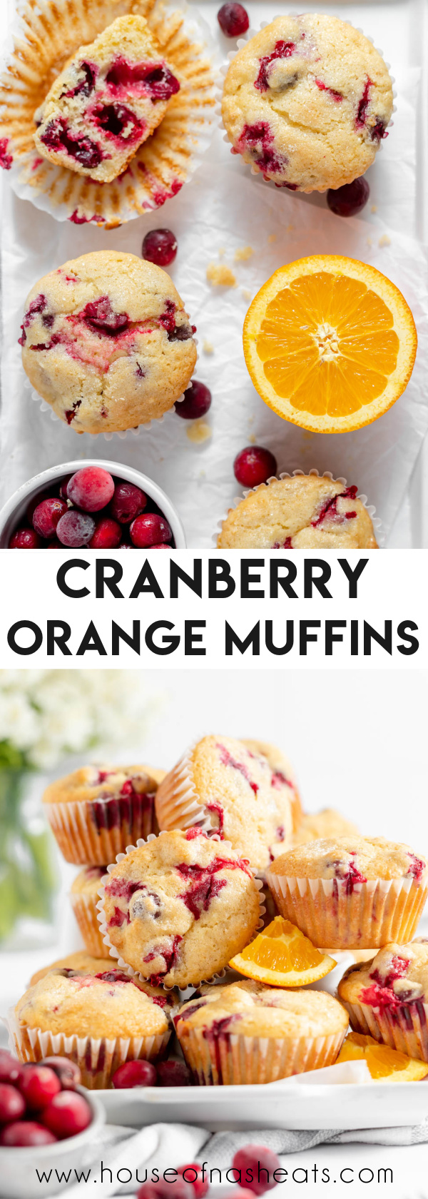 A collage of images of cranberry orange muffins with text overlay.