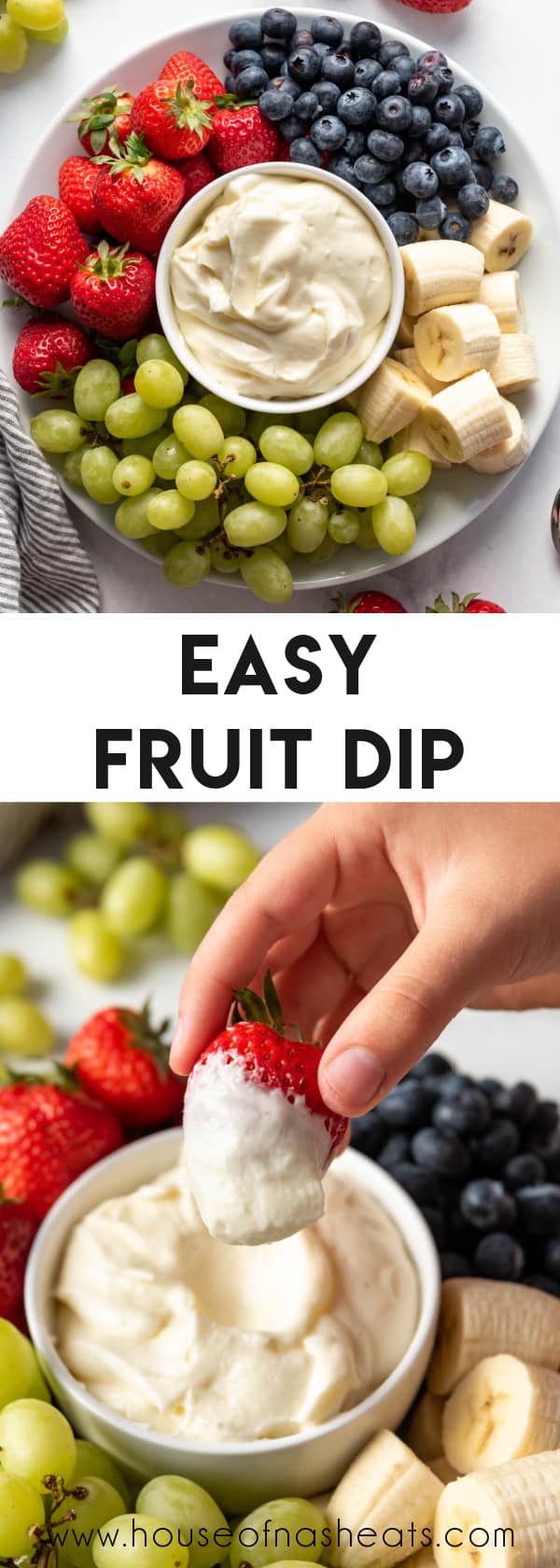 A collage of images of fruit dip with text overlay.