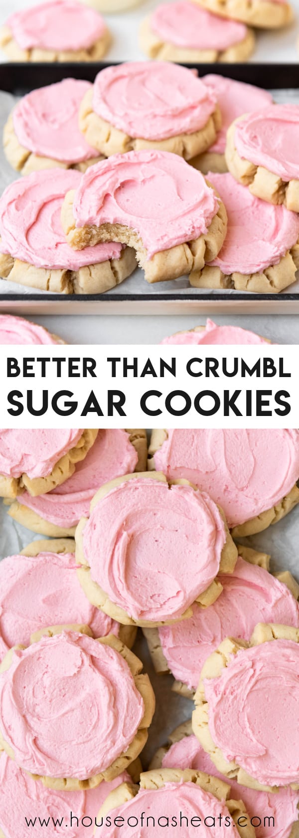 A collage of images of pink frosted sugar cookies with text overlay.
