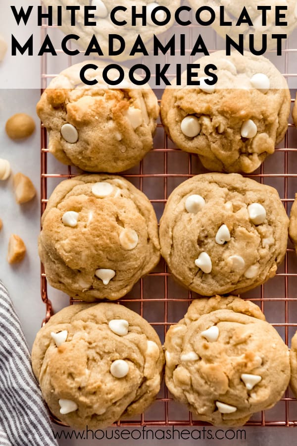 White chocolate macadamia nut cookies on a cooling rack with text overlay.