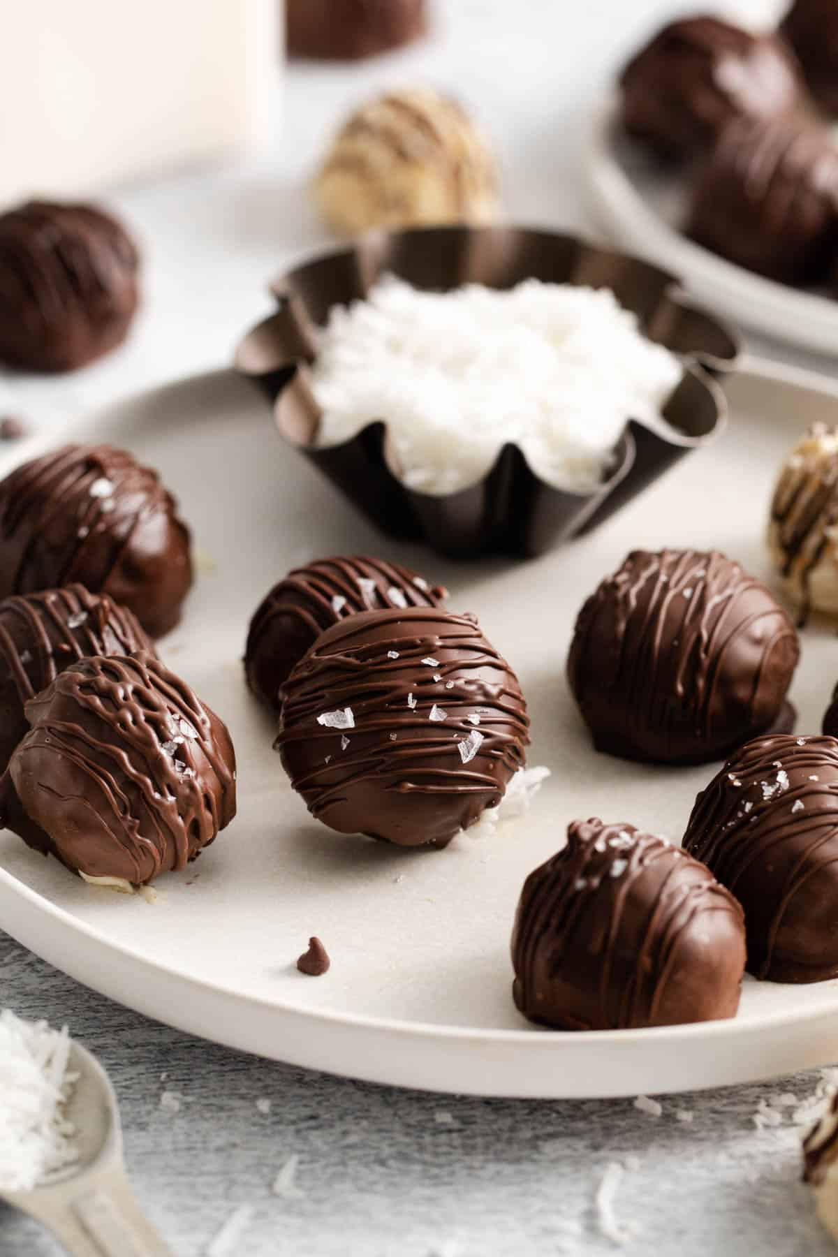 An image of chocolate covered coconut balls on a plate.