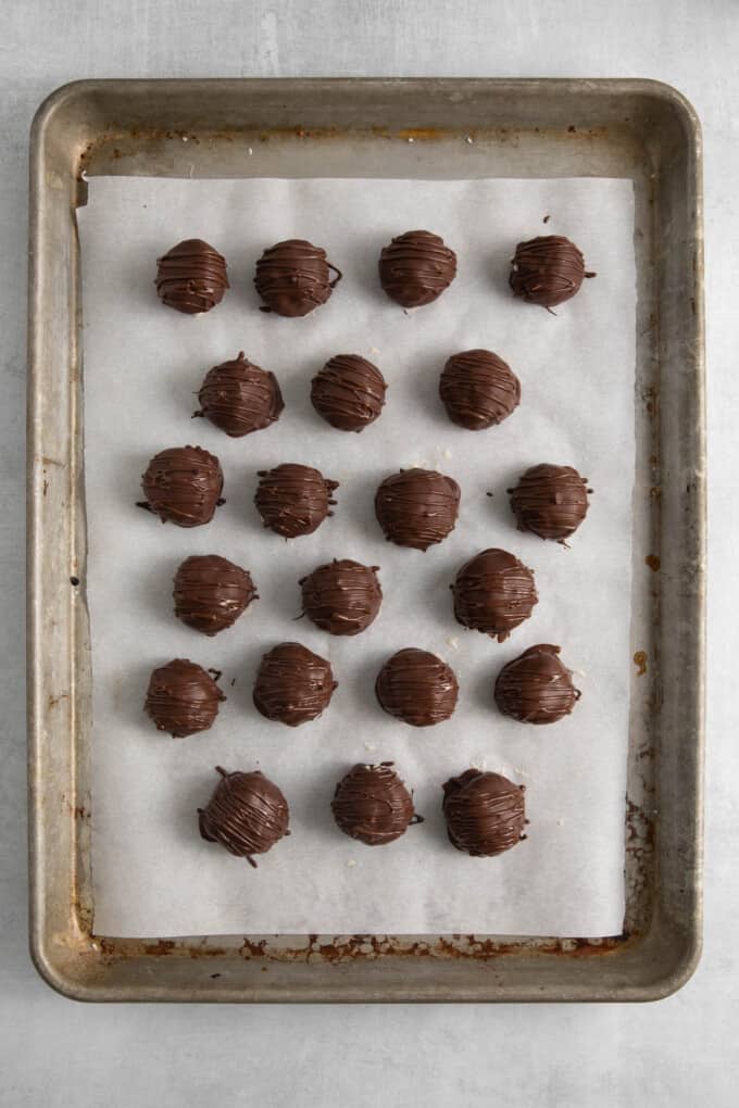 An image of coconut balls that have been dipped in chocolate.