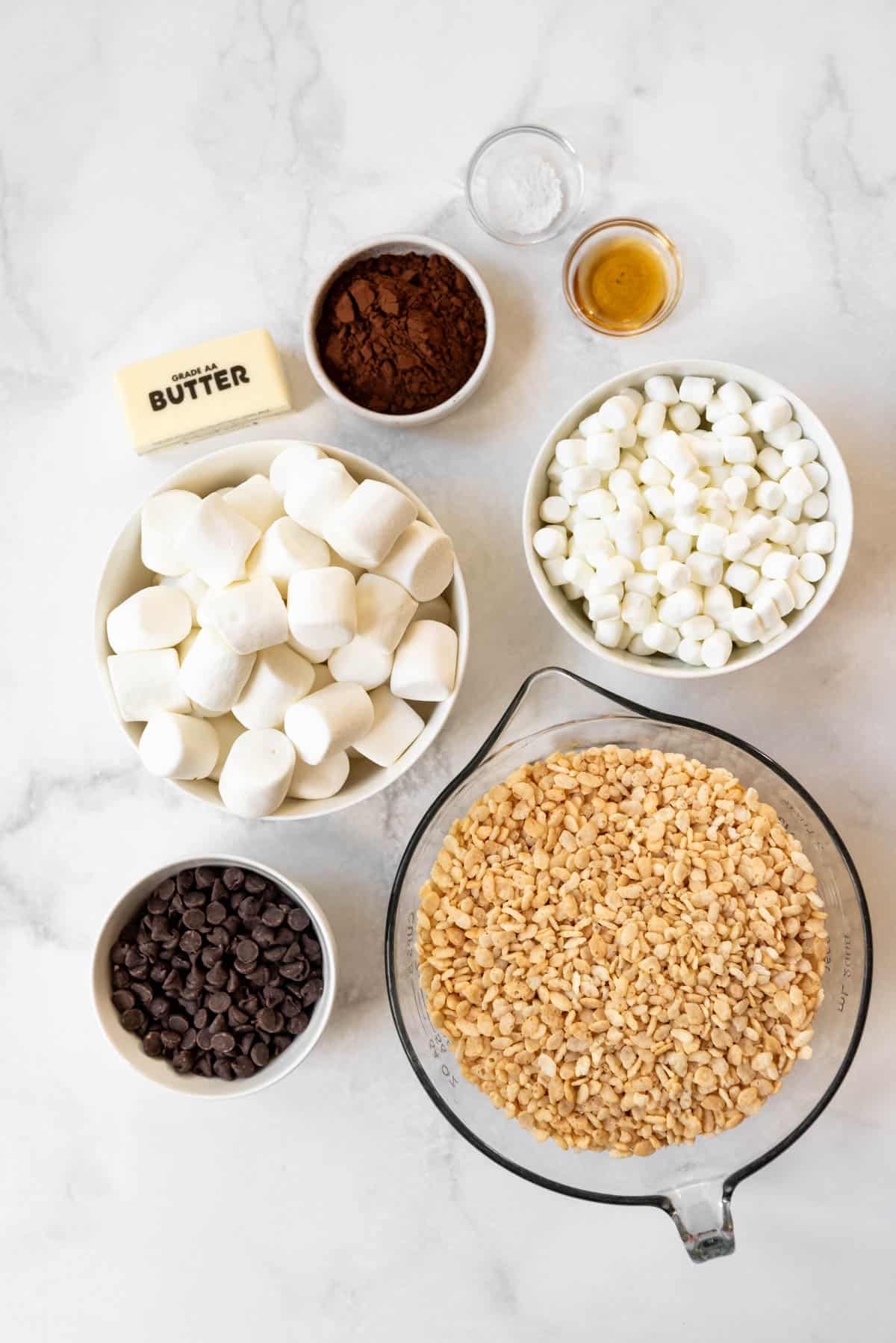 Ingredients for making chocolate rice krispies treats.