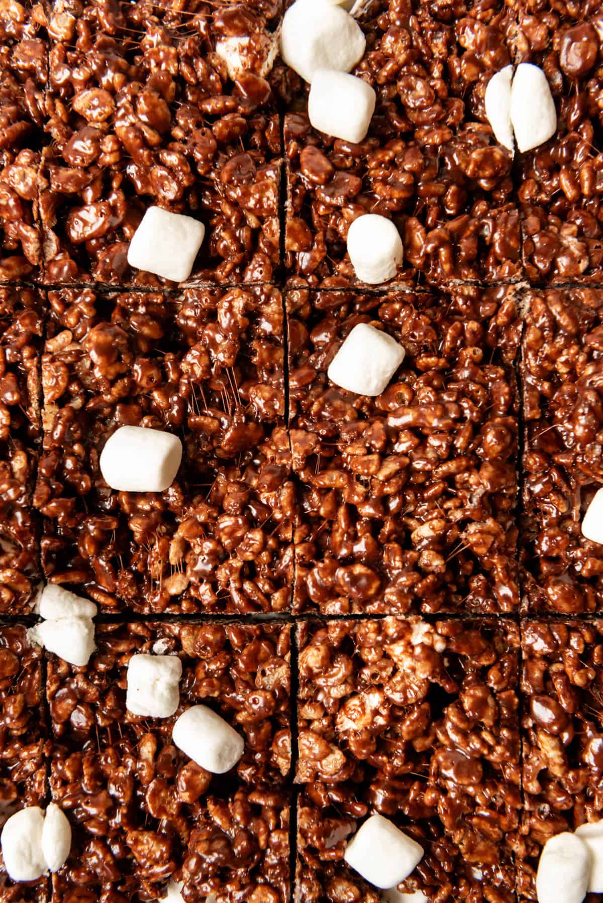 A close image of chocolate rice krispie treat squares.