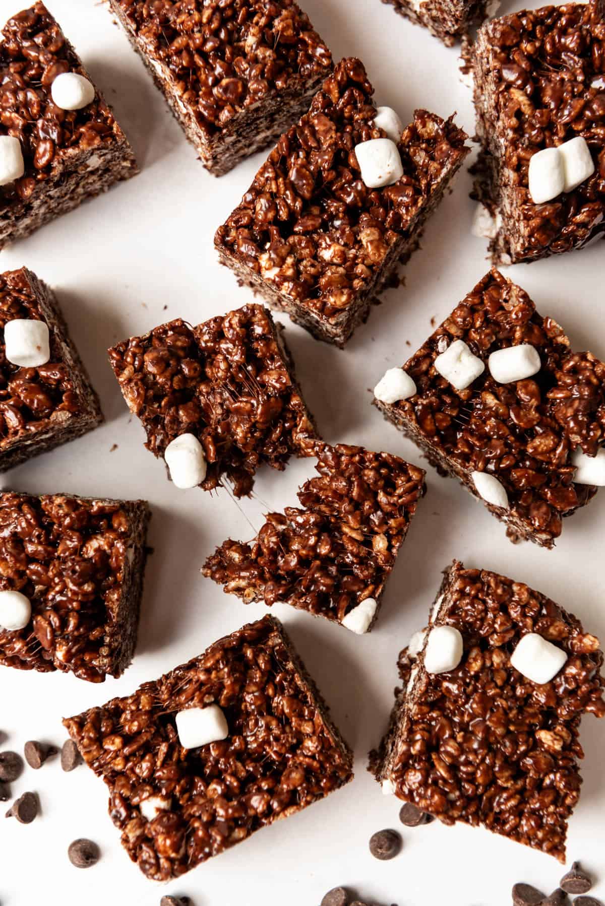An overhead image of chocolate rice krispie treat squares.