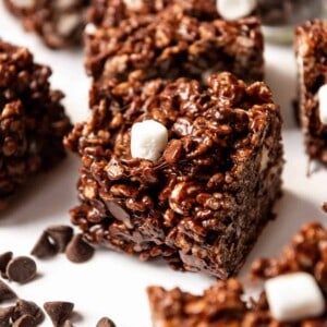 A close image of chocolate rice krispies treats.