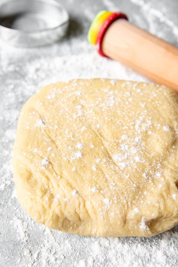 Chilled sugar cookie dough sprinkled with flour.