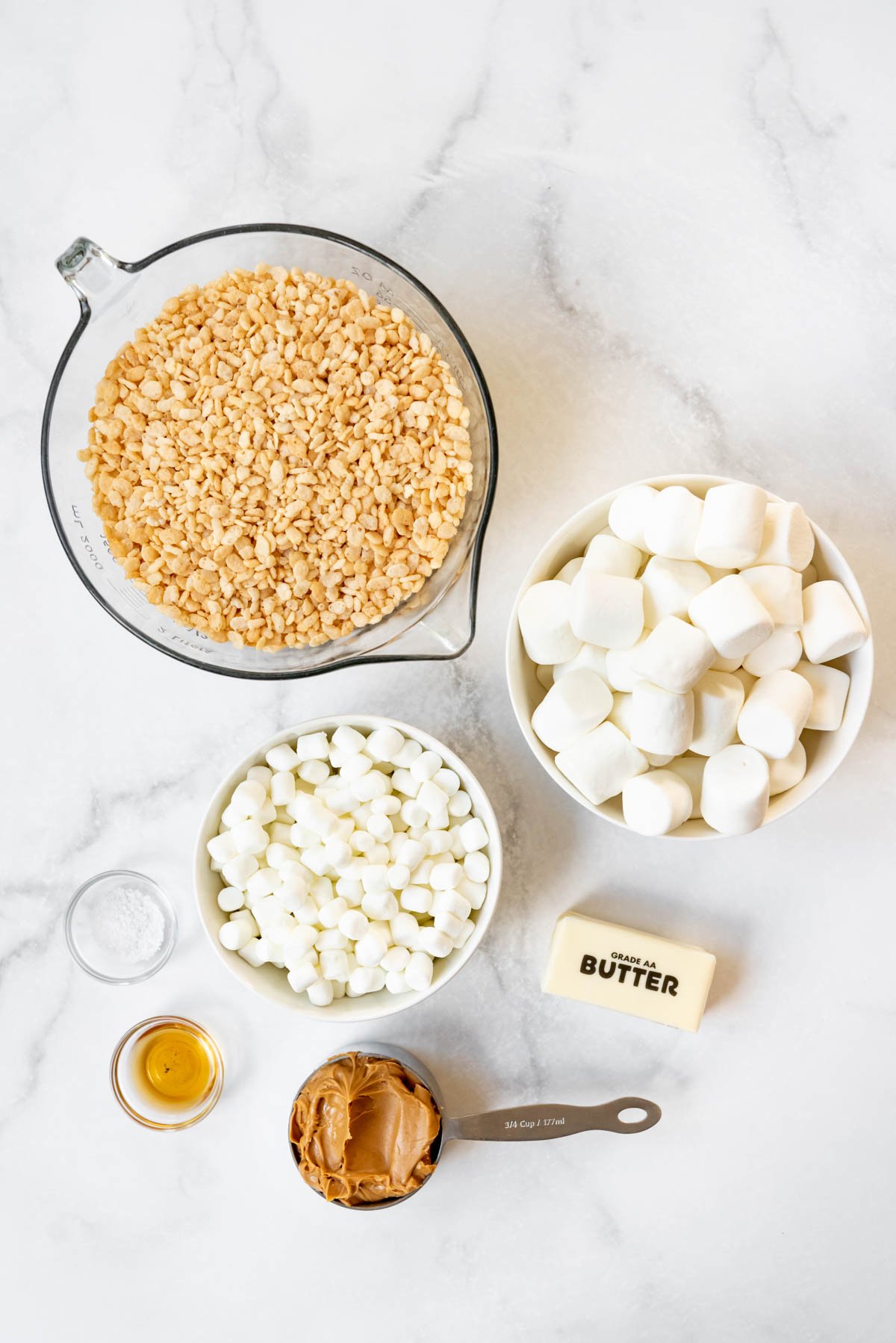 Top view of ingredients needed for peanut butter rice krispie treats.