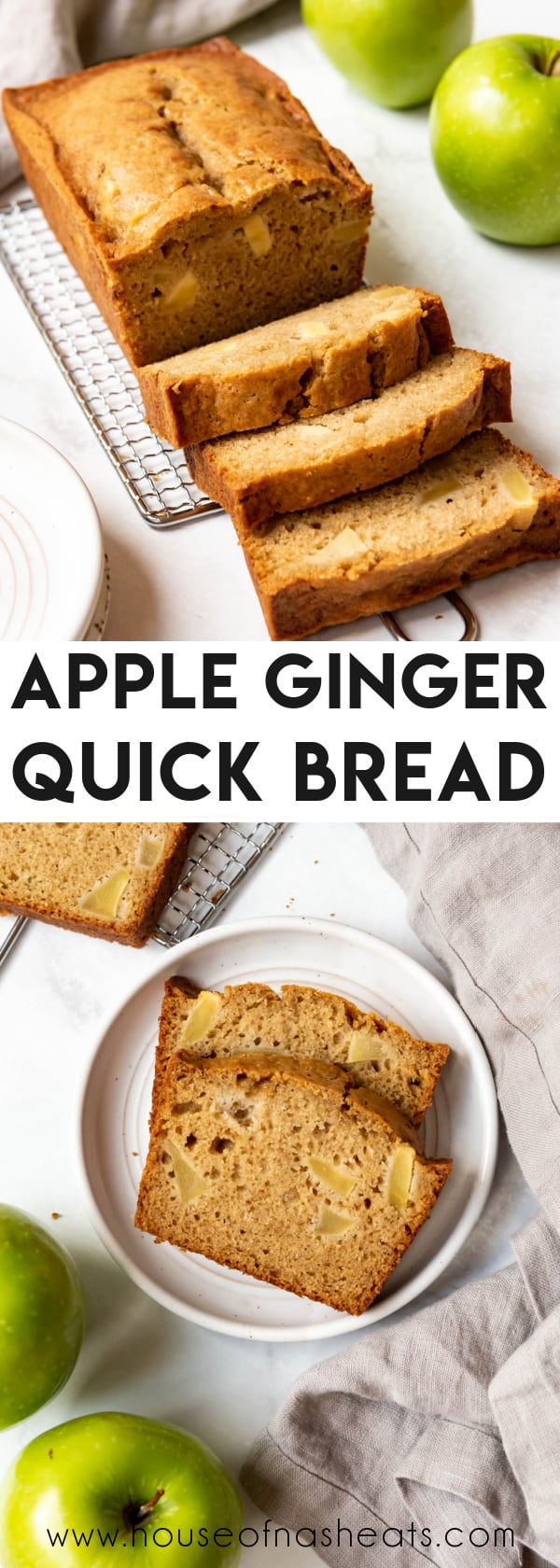 A collage of images of apple ginger quick bread with text overlay.