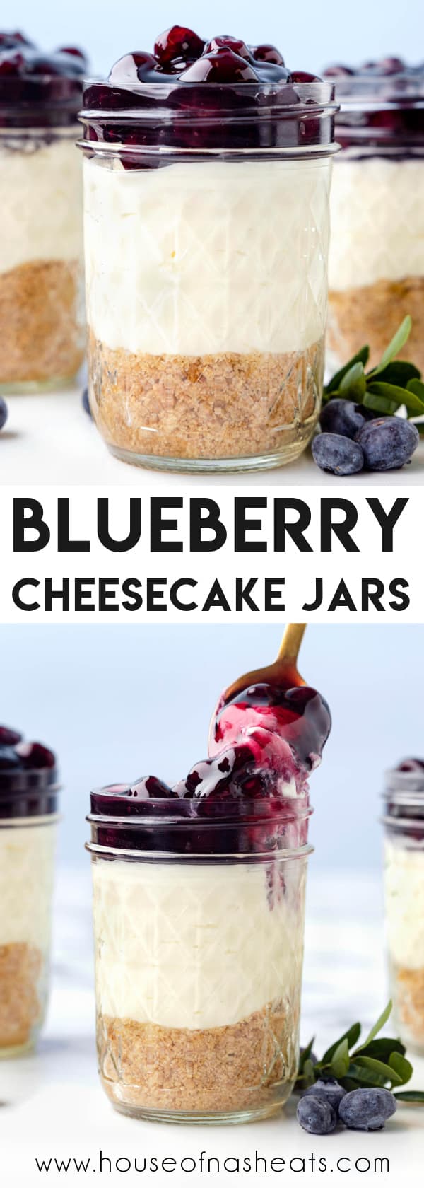 A collage of images of cheesecake jars with text overlay.