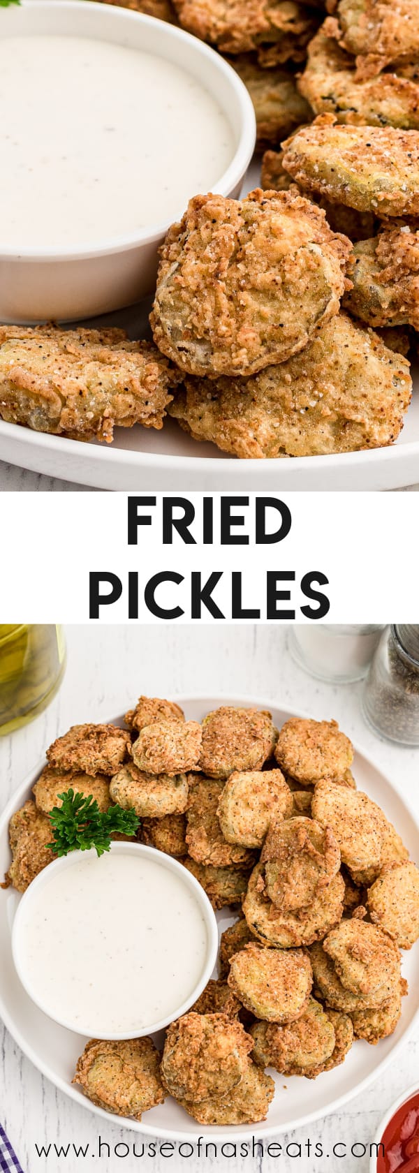 A collage of images of fried pickles with text overlay.