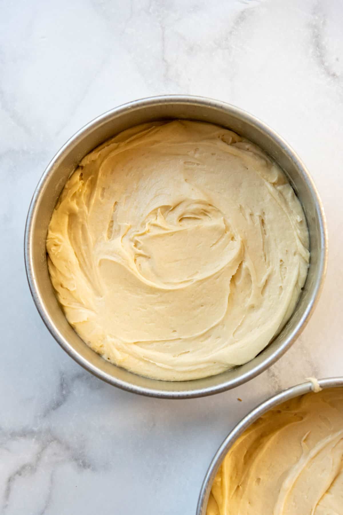 Cake batter spread into a 9-inch cake pan.