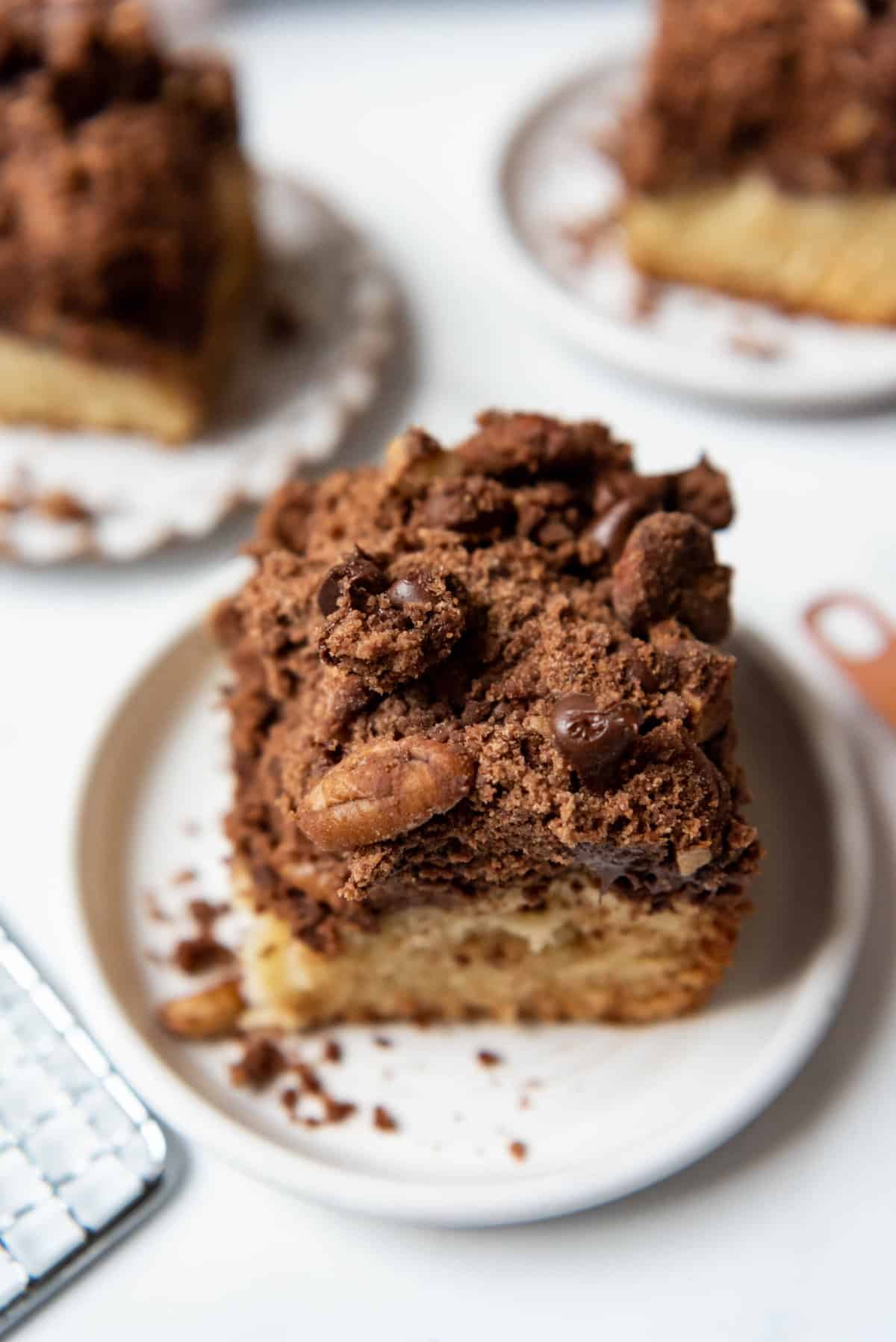 A slice of chocolate pecan crumb cake with chocolate chips and chopped pecans.