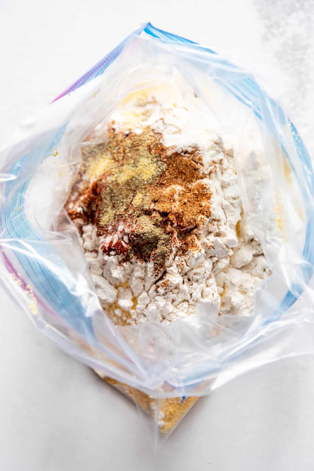 Spices, cornmeal, and flour in a large ziplock bag for coating catfish filets for frying.